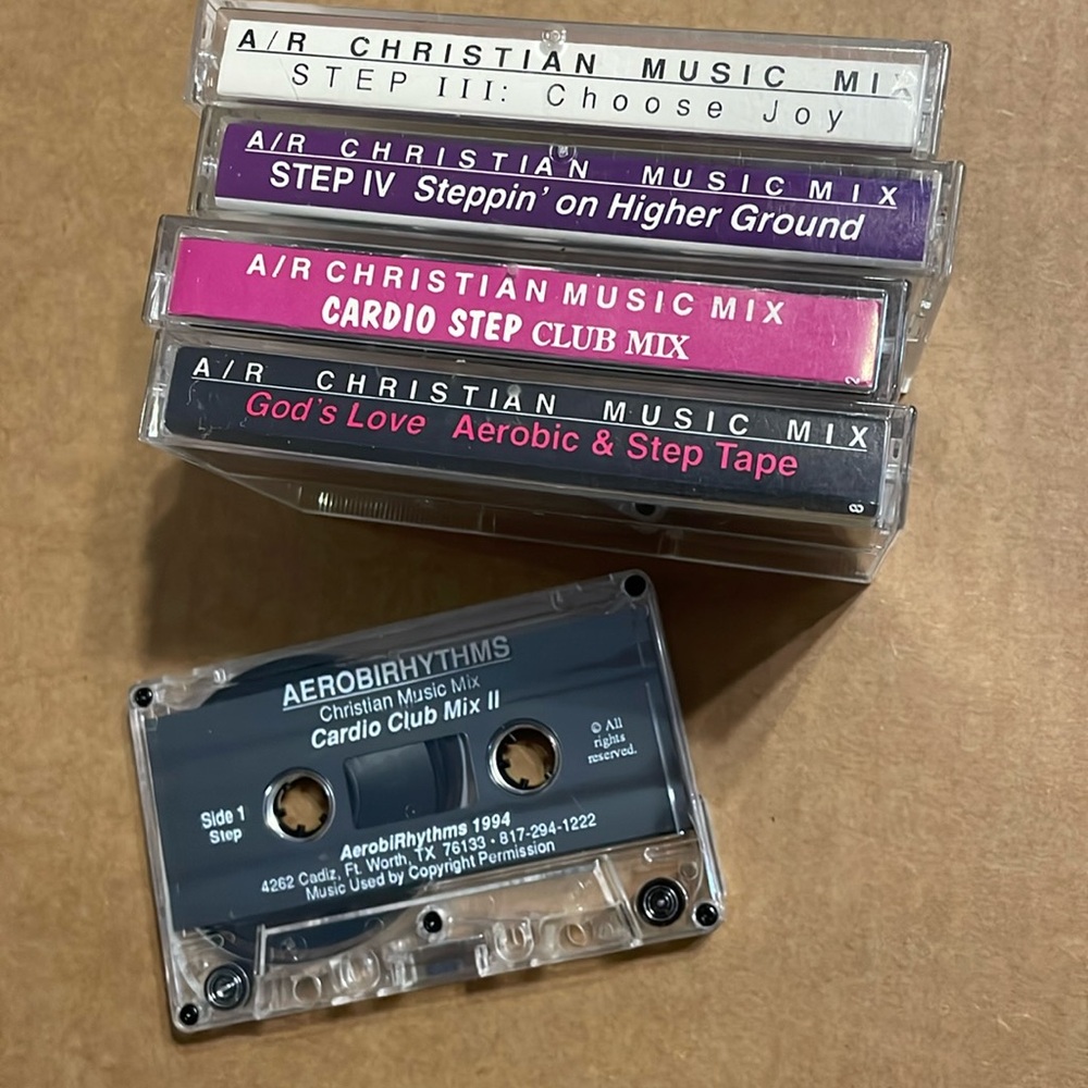Set of 5 Christian Music Mix Cassettes as fun exercise music, Cardio and STEP